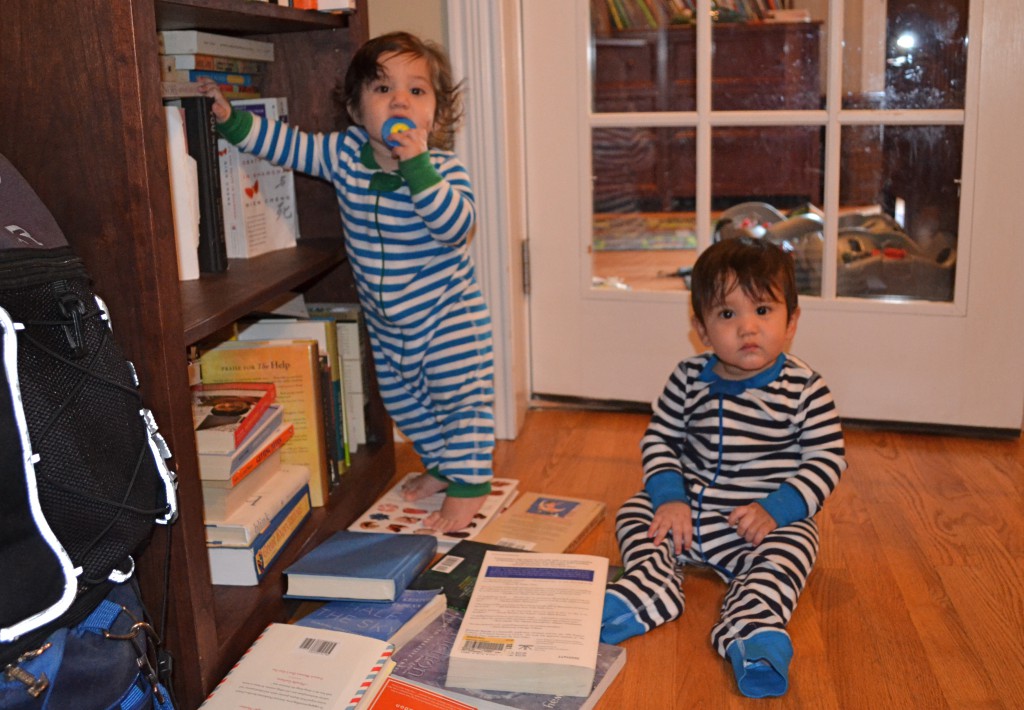 Pulling down all the books in the bookshelf