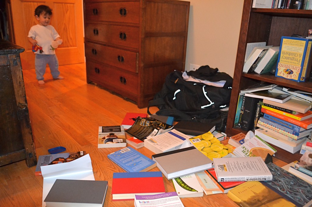 While I was folding laundry the twins decided to pull down all the books.
