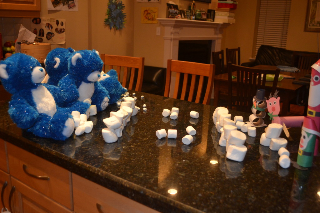 Day 3. Also Black Friday. The Hanukkah Bears have a marshmallow battle against the Christmas Mascots.