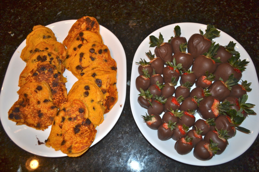Heart Pumpkin Chocolate Chip Pancakes and Chocolate Covered Strawberries.
