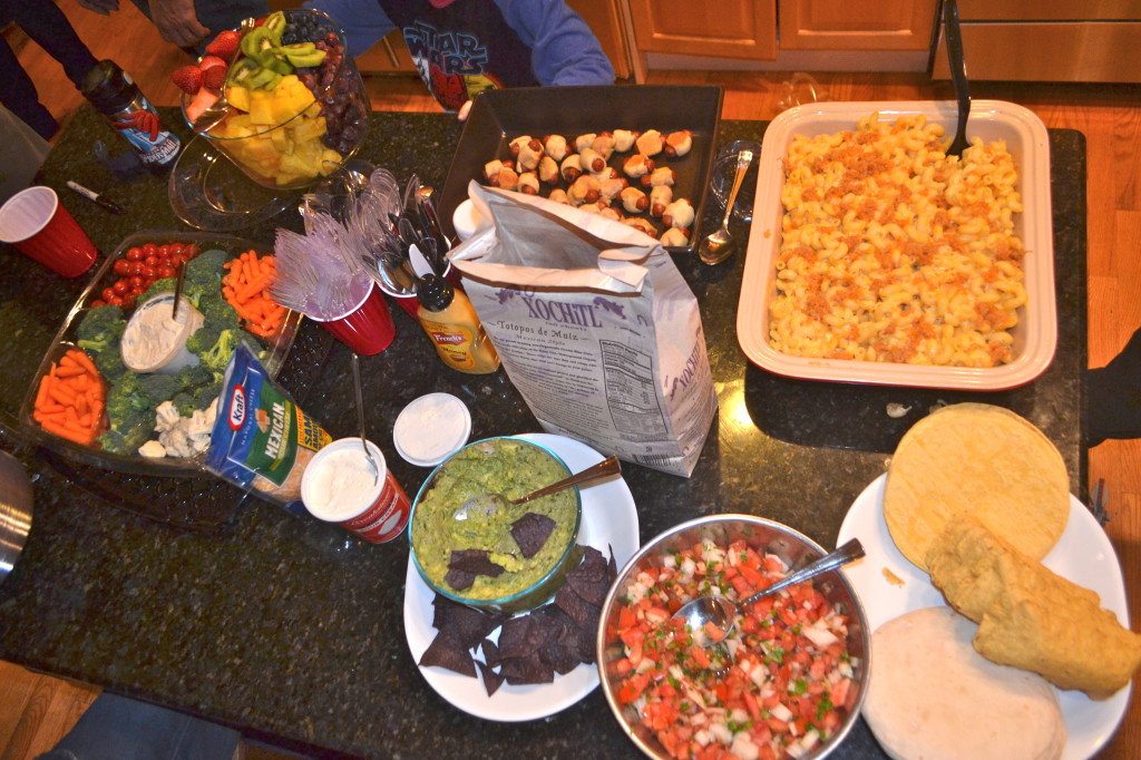 Pigs in a Blanket, Mac and Cheese, Taco Bar, Fruit and Veggies