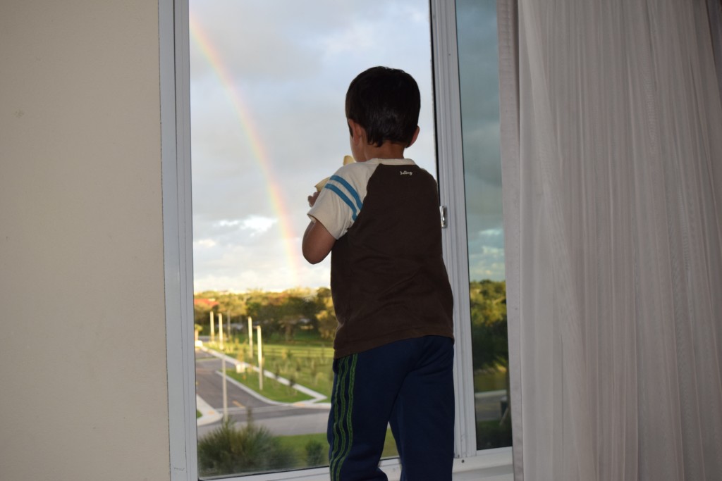 Rainbow out our window while we eat room service.