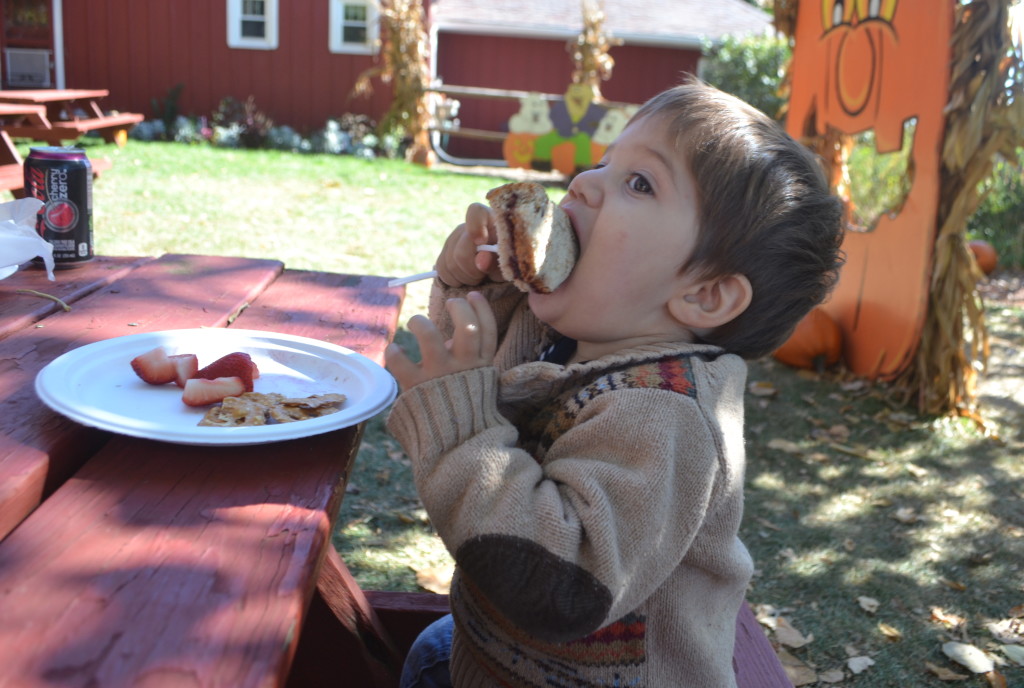 Sam only likes to eat with a fork these days, even when it's a sandwich.