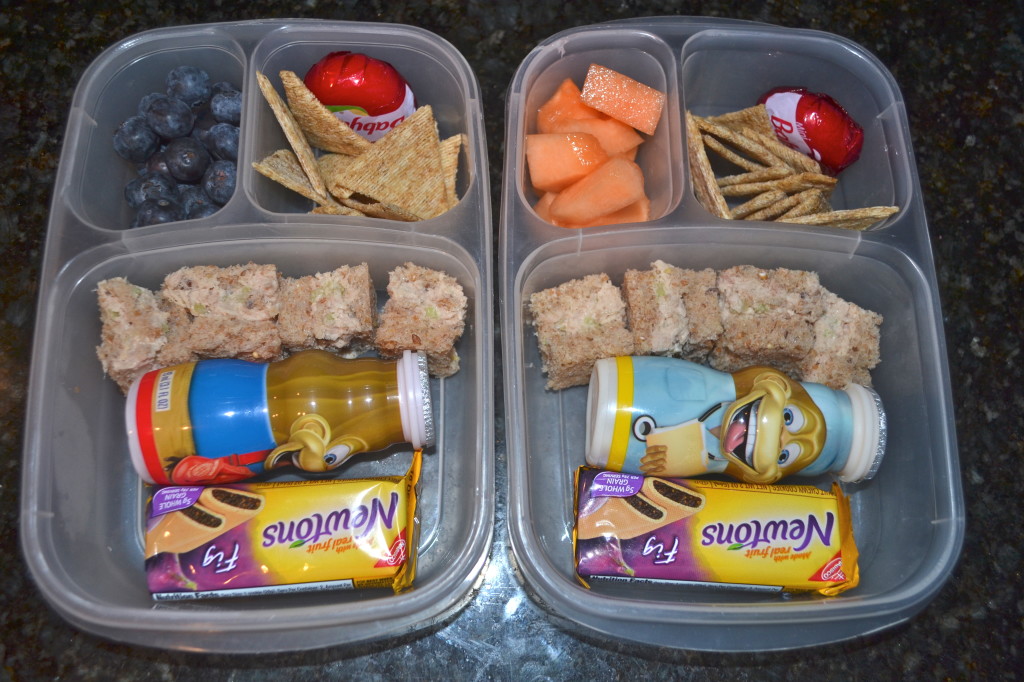 Tuna Squares, Yogurt Drink, Fig Newtons, Cheese and Crackers for all. Blueberries for Ben and Cantaloupe for Jack.