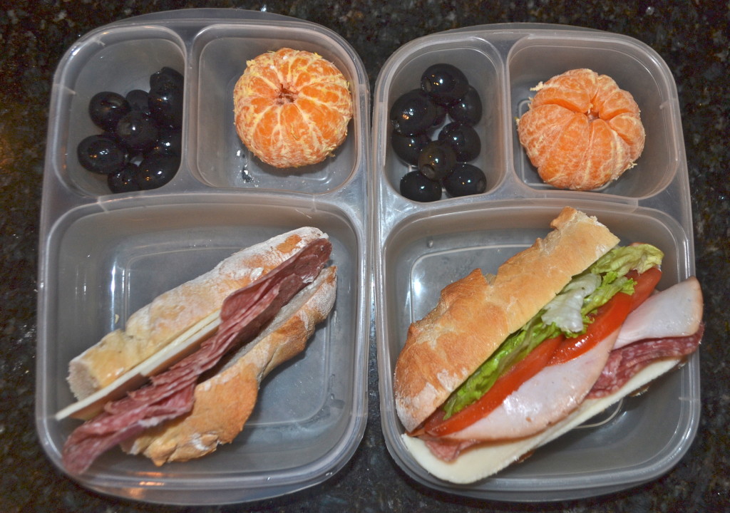 Olives and Clementines. On French Bread - Salami and Cheese for Ben, Salami, Turkey and Cheese for Jack.