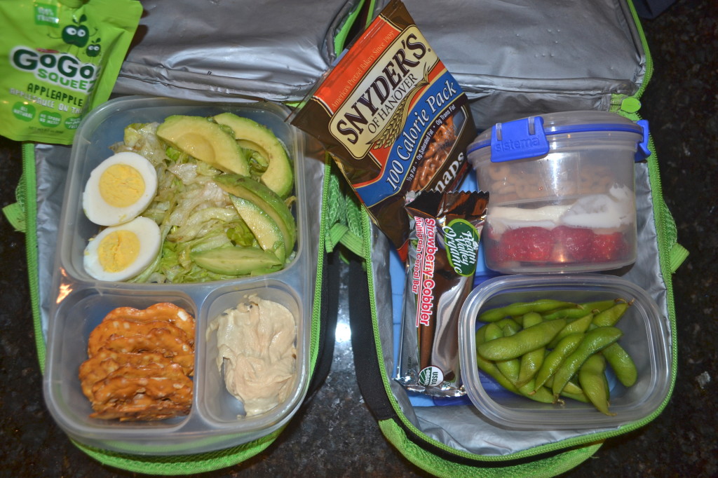 Celebrating differences today! Ben - Hummus and Pretzels for dipping, salad, hard boiled egg, avocado. Jack - yogurt parfait, edamame, fruit bar, pretzels.